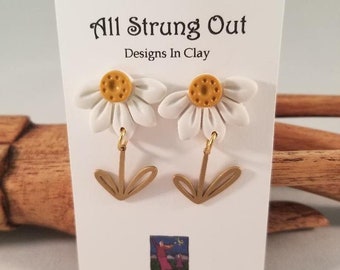 Half Daisy Dangle Earrings - Post Earrings - Polymer Clay - Brass Leaves - Handmade - Nature Inspired -