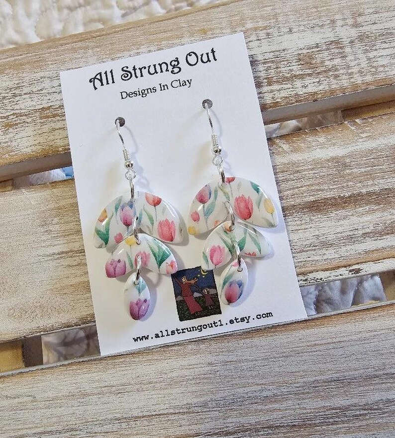 Tulip Field Drop Earrings Polymer Clay Silver Accents Nature Inspired Dainty Earrings Spring Collection Ready To Ship image 5