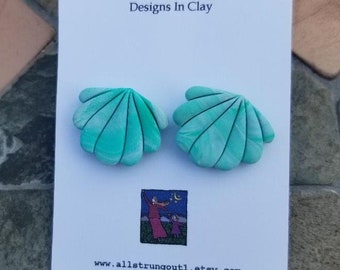 Seashell Stud Earrings - Polymer Clay - Handmade - Ocean Inspired - Green, White, & Blue Swirl - She Sells Seashells Collection