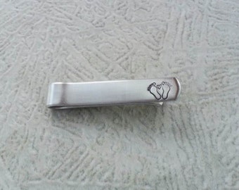 Baby Feet & Heart Aluminum Tie Bar / Tie Clip - New Father, Grandfather, Pepere - Can Be Personalized Too
