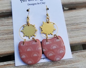 Dusty Rose Sun Dangle Earrings - Polymer Clay - Handmade - Nature Inspired - Brass Sun