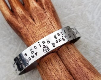 Boxing Gloves Pewter Cuff Bracelet - Encouragement - Positive Message - Hand Stamped 1/2 Inch Cuff