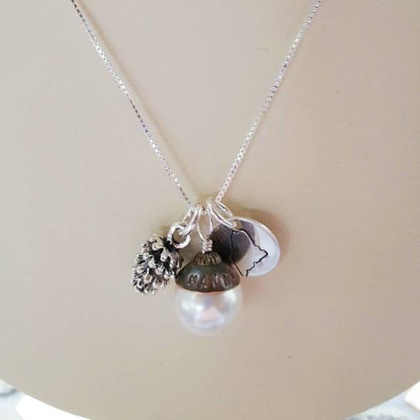 Maine State House Copper Dome Necklace - Swarovski Pearl - Sterling Stamped Maine Disk - Pinecone - Limited Edition