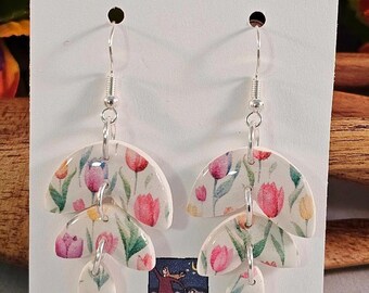 Tulip Field Drop Earrings - Polymer Clay - Silver Accents - Nature Inspired - Dainty Earrings - Spring Collection - Ready To Ship