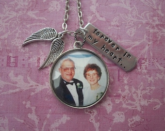 In Memory Necklace - Loved Ones In Remembrance - Custom Photo - Tree of Life - Antique Silver  - Angel Wings