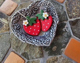 Strawberry Hoop Earrings - Fruit Jewelry - Polymer Clay - Handmade - Fruit Inspired - Silver or Gold Hoops - Fun Gift For Her