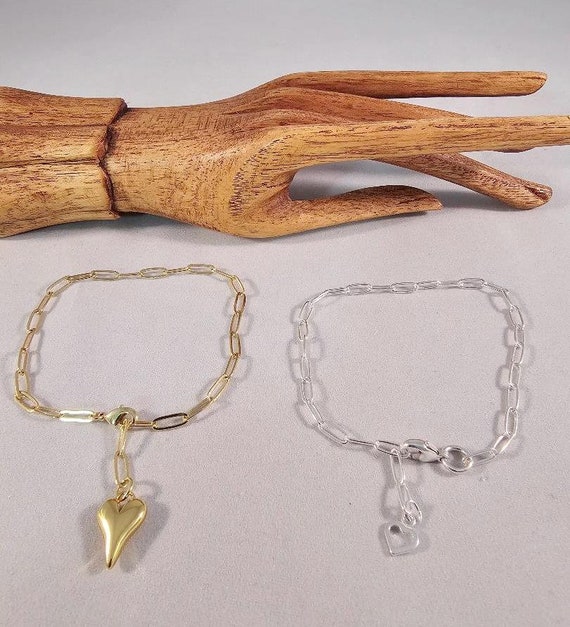 Paper Clip Chain Bracelet With Heart Charm Gold Filled Love