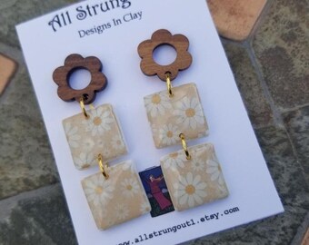 Daisy Double Squares Dangle Earrings - Wooden Flower Post Earrings - Polymer Clay - Handmade - Nature Inspired -