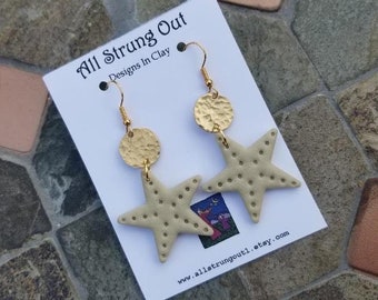 Starfish With Textured Brass Dangle Earrings - Polymer Clay - Handmade - Ocean Inspired - She Sells Seashells Collection