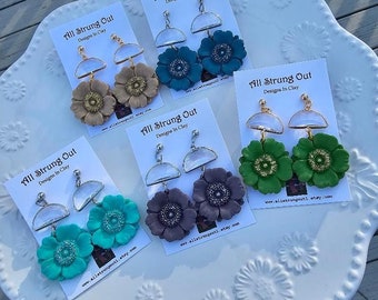 Poppy Crystal Dangle Earrings - Crystal Half Moon - Polymer Clay Floral - Nature Inspired - Mint, Avocado, Teal, Latte, & Plum Colors