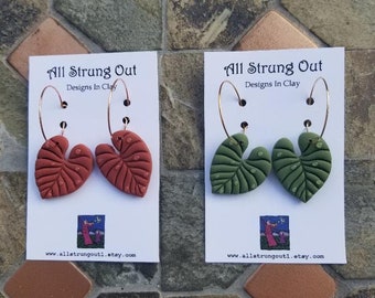 Philodendron Dew Drop Hoop Earrings - Polymer Clay Earrings - Terracotta Or Sage  - Handmade - Nature Inspired - Autumn Vibes Collection