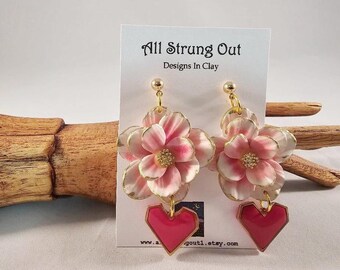 Flower & Heart Dangle Post Earrings - Polymer Clay - Brass - Love Inspired - Valentine's Day Gift - Ready To Ship