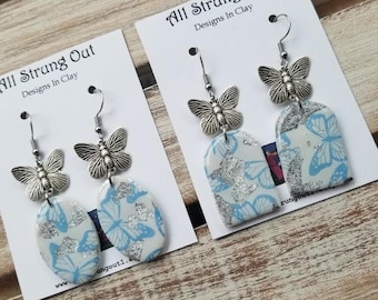Butterfly Dangle Earrings - Polymer Clay -  Silver Butterly Charms - Handmade - Nature Inspired - Blooms and Butterflies Collection