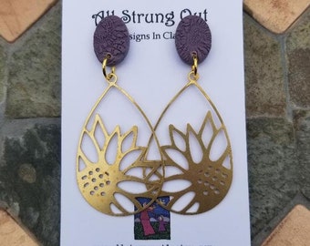 Sunflower Textured Plum Oval Dangle Post Earrings - Gold Sunflower Charm - Polymer Clay - Nature Inspired