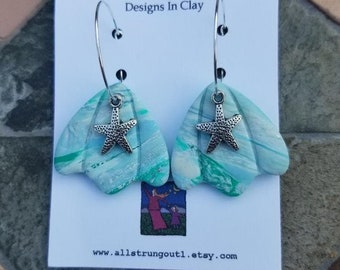 Starfish Hoop Dangle Earrings - Polymer Clay - Handmade - Ocean Inspired - White, Green, Blue Swirl - Sea Sells Seashells