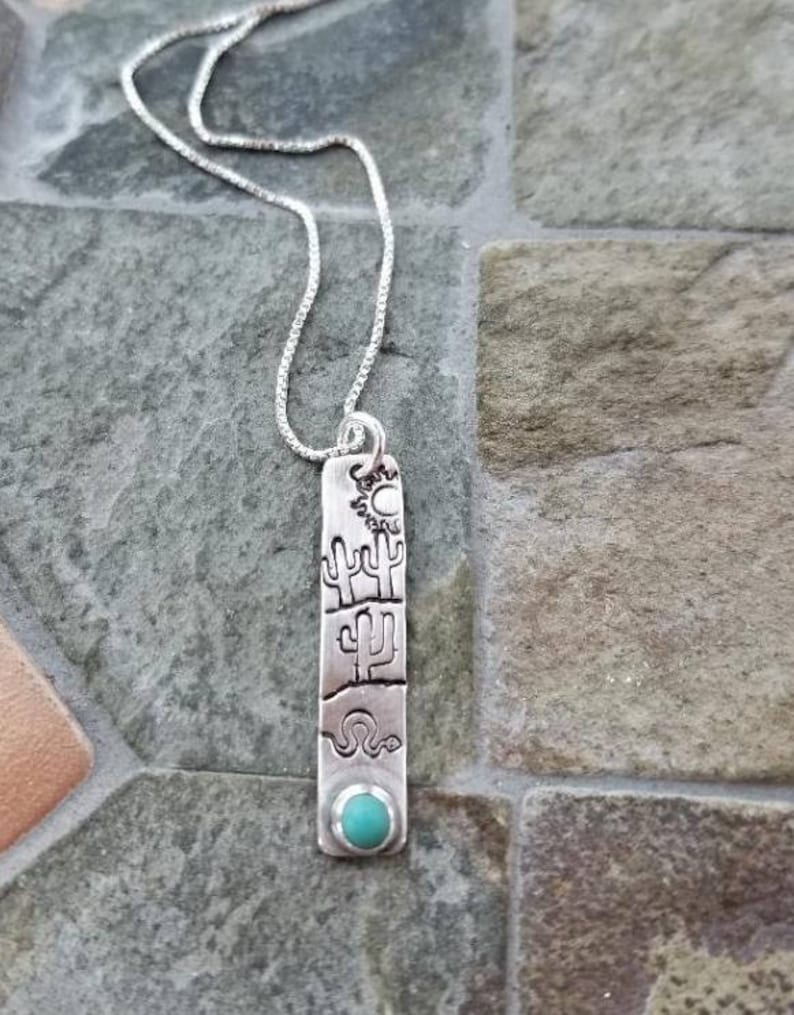 Southwest Saguaro Cactus Pendant Necklace Turquoise Gemstone Sterling Silver Stamped Jewelry Southwest Inspired image 6