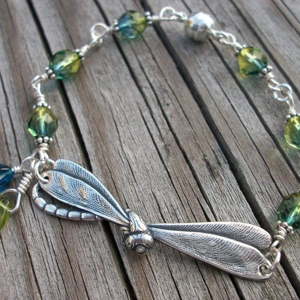 Reserved for Angelina - Dainty Silver Dragonfly Bracelet - Two Tone Glass