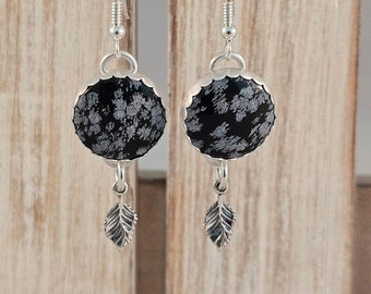 Snowflake Obsidian Dangle Earrings - Sterling Silver - Sterling Leaf Drops - Nature Inspired - Ready To Ship