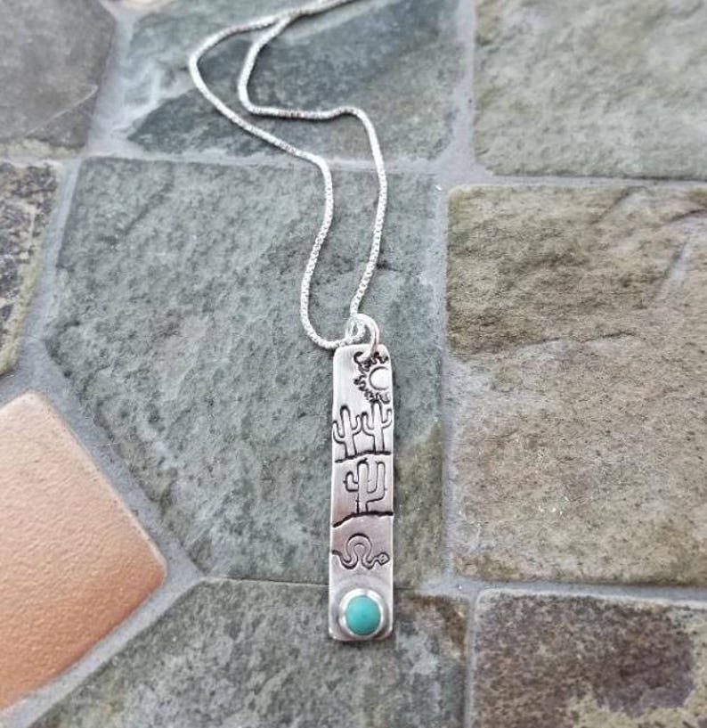 Southwest Saguaro Cactus Pendant Necklace Turquoise Gemstone Sterling Silver Stamped Jewelry Southwest Inspired image 4