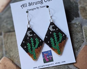 Kolczyki z czarnymi koralikami „Southwest Cactus Moon” – inspirowane stylem południowo-zachodnim – kolczyki z koralikami „Cactus & Moon” – biżuteria z kaktusami – prezent dla niej
