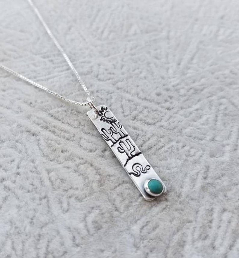 Southwest Saguaro Cactus Pendant Necklace Turquoise Gemstone Sterling Silver Stamped Jewelry Southwest Inspired image 3