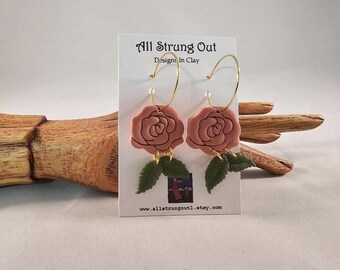 Rose & Leaves Hoop Earrings - Polymer Clay - Brass - Love Inspired - Valentine's Day Gift - Ready To Ship