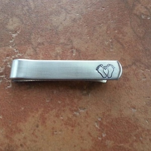Baby Feet & Heart Aluminum Tie Bar / Tie Clip - New Father, Grandfather, Pepere - Can Be Personalized Too