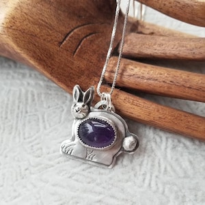 Bunny Pendant Necklace - Sterling Silver - Easter Bunny - Amethyst Gemstone - Nature Inspired - Bunny Jewelry - Ready To Ship