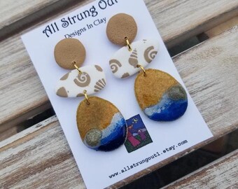 Sandy Beach Shell Dangle Earrings - Polymer Clay Earrings - Post Earrings - Handmade - Ocean Inspired - She Sells Seashells Collection