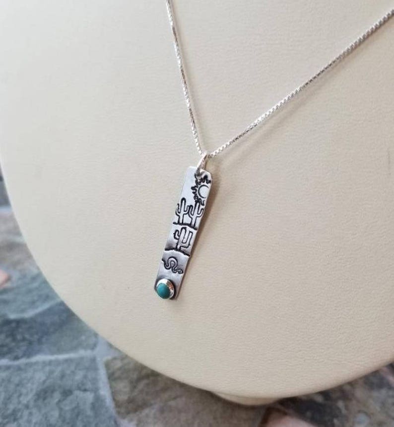 Southwest Saguaro Cactus Pendant Necklace Turquoise Gemstone Sterling Silver Stamped Jewelry Southwest Inspired image 2