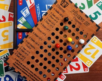Engraved Wooden Phase 10 Game Box: Personalized Card Storage with Scoreboard