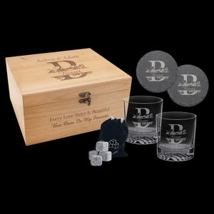 Personalized Whiskey Glass Set with Engraved Wooden Box