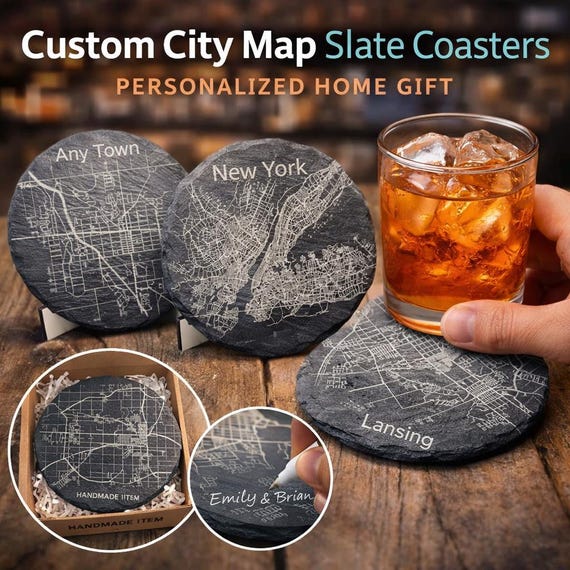 Custom City Map Slate Coasters, Personalized Hometown Gift Set