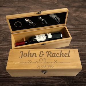 Wooden Wine Box - Wine Box - Wedding Wine Box - Wedding Gift for Couple - Engraved Wine Opener - Personalized Wine Box Gift Set Wine Opener