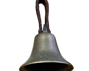 Antieke bronzen bel met ijzeren klepel en leren handvat 3" bel