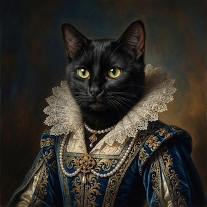 May include: A regal portrait of a black cat with yellow eyes, adorned in a blue and gold Renaissance-style gown. The cat wears a pearl necklace and a lace collar, set against a dark, painterly background.