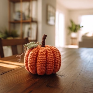 Può includere: Una zucca arancione all'uncinetto con uno stelo marrone e una foglia verde è appoggiata su un tavolo di legno. La decorazione autunnale fatta a mano è un articolo stagionale per l'arredamento della casa. La zucca è un elemento d'accento perfetto.