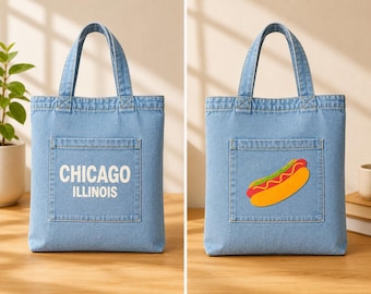 Chicago Hot Dog Denim Tote Windy City Gift Illinois Souvenir Market Bag