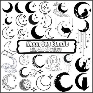 Paquete de archivos SVG de Luna y Estrellas, Luna Creciente SVG, Luna Floral SVG, Mandala Lunar, Silueta Lunar, Descarga Instantánea