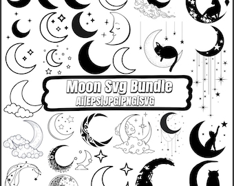 Moon and Stars Svg Bundle, Crescent Moon Svg, Floral Moon Svg,Moon Mandala, Moon Silhouette,Instant Download