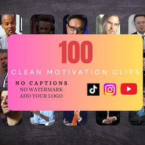 Puede incluir: Un gráfico rosa y amarillo con el texto "100 Clean Motivation Clips" y los logotipos de TikTok, Instagram y YouTube. El gráfico se superpone a una imagen en blanco y negro de un collage de caras de personas.