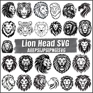 May include: A collection of twenty-four black and white lion head illustrations in various artistic styles, including profile and frontal views. The central text reads Lion Head SVG Ai|EPS|JPG|PNG|SVG on a dark gray rectangular background.