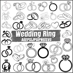 以下が含まれることがあります： 結婚指輪の様々なデザインを描いた白黒の線画イラスト集。単体のバンド、絡み合うリング、ダイヤモンドのソリティアなどが含まれています。中央のテキストには「Wedding Ring」と書かれ、その後にファイル形式のAi、EPS、JPG、PNG、SVGが記載されています。