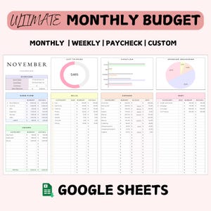 Op de afbeelding: Een digitale spreadsheet sjabloon getiteld "Ultimate Monthly Budget" met secties voor maandelijkse, wekelijkse, salarisstrook en aangepaste budgettering. De sjabloon bevat secties voor cashflow, rekeningen, uitgaven en schulden, met een Google Sheets logo onderaan.