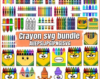 Puede incluir: Una colección digital de ilustraciones de crayones que incluye varios lápices de cera coloridos, cajas de crayones y crayones con personajes y caras. La imagen incluye el texto Crayon svg bundle y AilEPS|JPG|PNG|SVG.