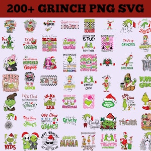 Könnte beinhalten: Eine Sammlung von über 200 Grinch-basierten PNG- und SVG-Grafiken. Die Designs zeigen die Grinch-Figur in verschiedenen Posen und mit Text, darunter Sätze wie "Merry Grinchmas", "Drink Up Grinches" und "Grinchy Mama". Die Farbpalette umfasst Grün, Rot und Weiß.