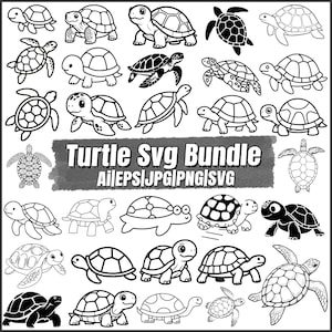 Könnte beinhalten: Eine Sammlung verschiedener Schildkrötenillustrationen in Schwarz und Weiß. Das Bild zeigt Schildkröten in verschiedenen Posen und Stilen, mit dem Text "Turtle Svg Bundle" und Dateitypen.