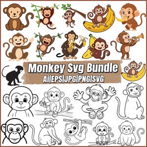 May include: A collection of monkey illustrations in various poses, some holding bananas or swinging from vines. The image includes both colored and black-and-white designs, with the text "Monkey Svg Bundle" and file type indicators.