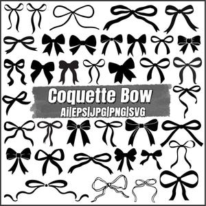 May include: A collection of various black bow silhouettes arranged in a grid pattern. A central gray rectangular banner features the white text Coquette Bow followed by the file formats Ai, EPS, JPG, PNG, and SVG in a bold sans-serif font.