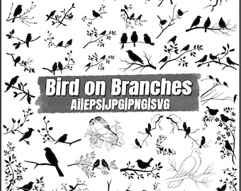 Bird on Branch SVG,Bird Silhouette Tree Branch Cut Files,Tree Branch Svg, Swallows on Branch Svg,Instant Download